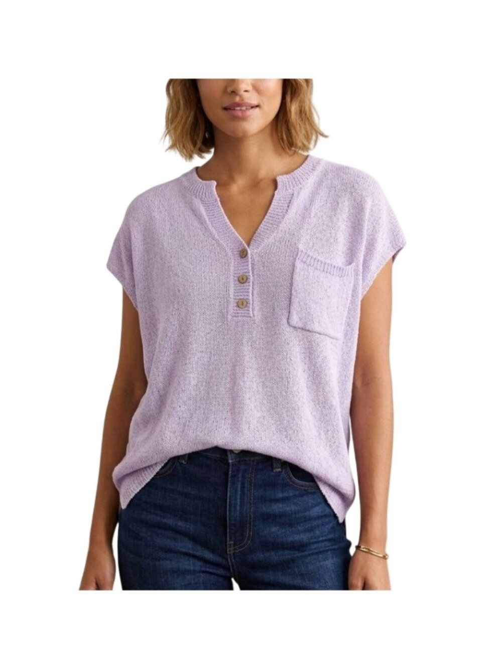 Doe And Rae Henley Sweater Top Large V-Neck Cap Sleeve Lavender Comfort Knitwear